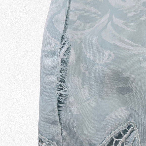 80s Vintage Light Blue Satin Floral Jacquard Lace Tunic Blouse Skirt Set Size 8 - Picture 3 of 14